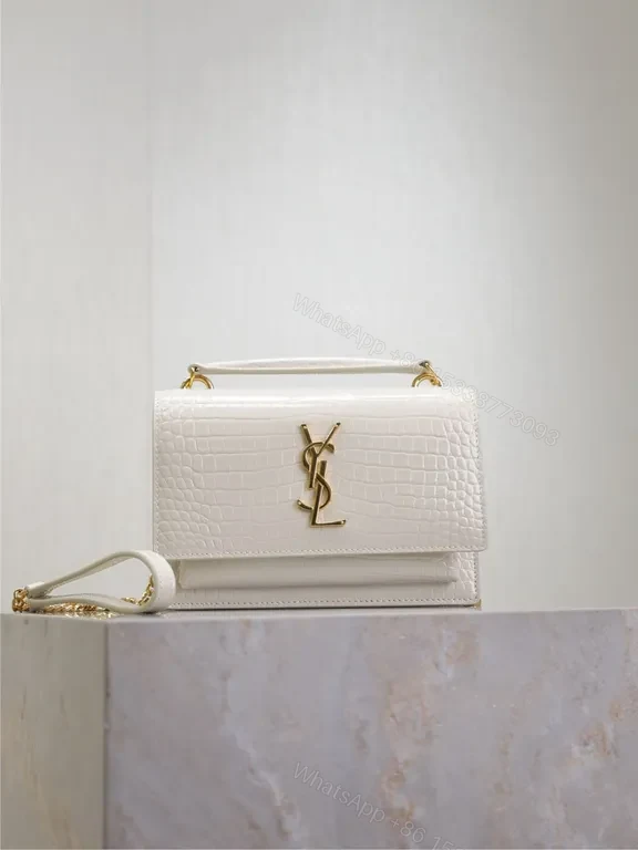 Croc-Embossed Mini Bag with Gold YSL Logo, White — view 1