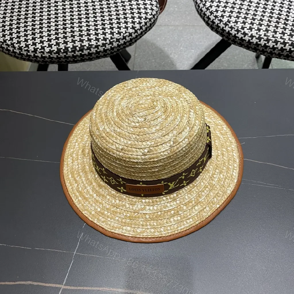 View 2 of Natural Straw Panama Hat with LV-Inspired Band Sun-Ready Luxury