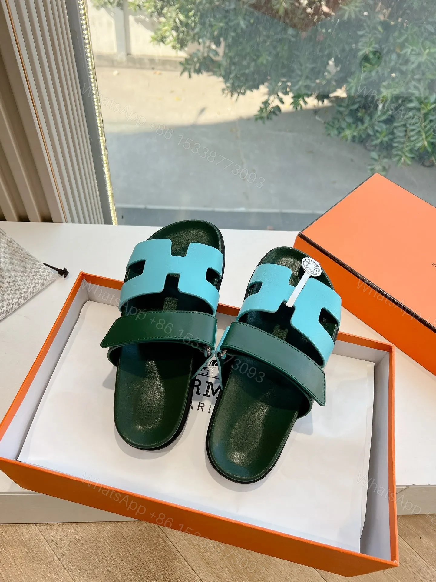 View 4 of Hermes Women Green Leather Blue Sandals