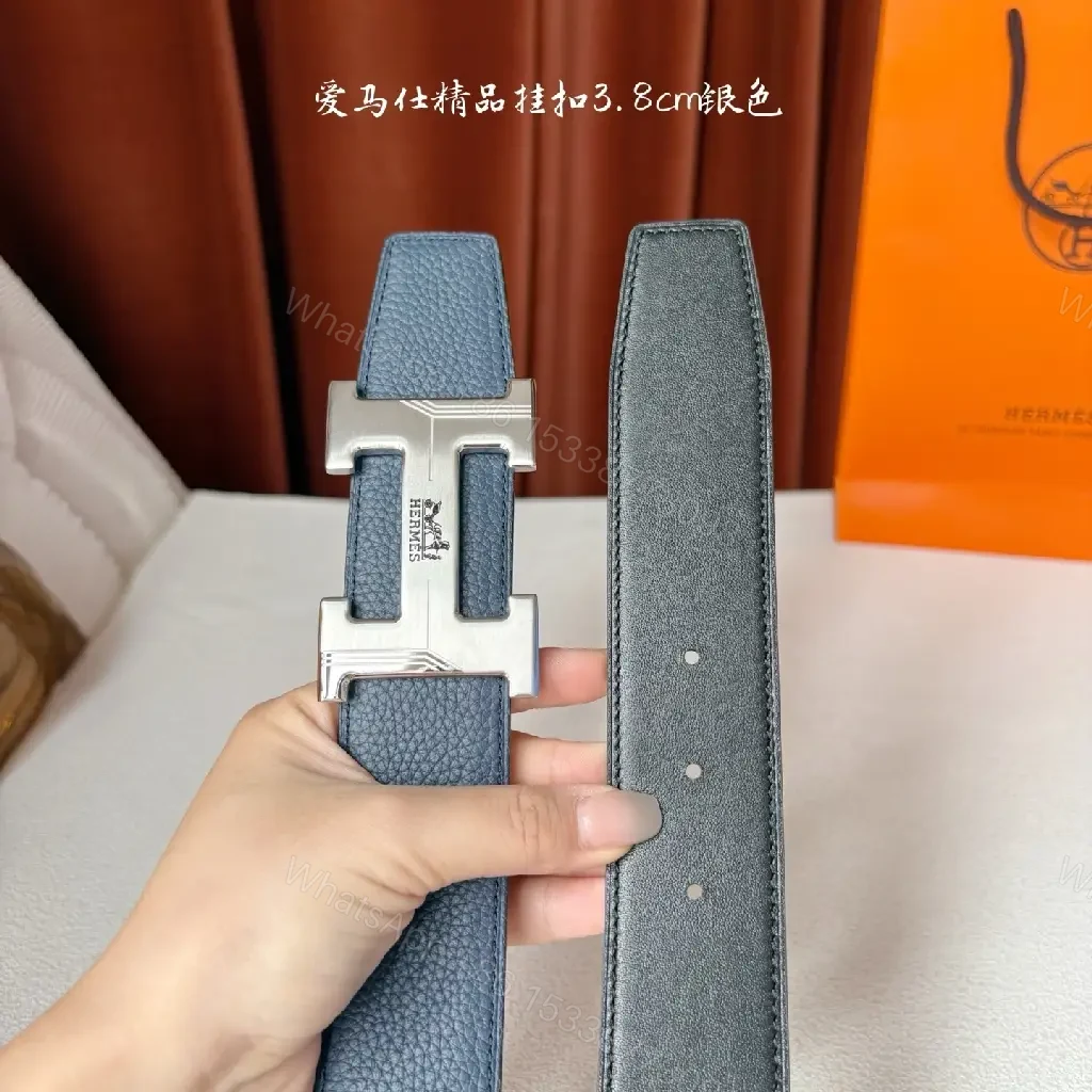 View 2 of Blue Leather Belt with H Buckle – Premium Everyday Luxury Belt