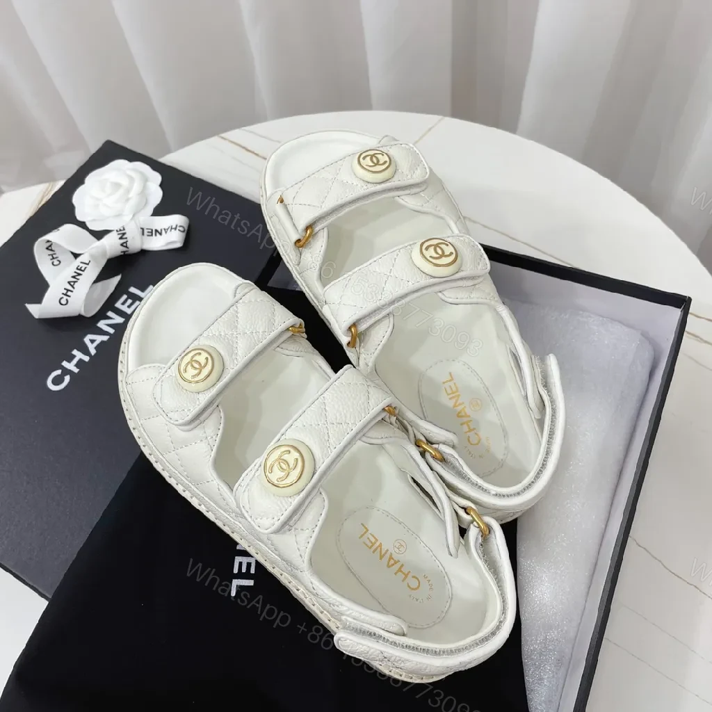 View 8 of White Quilted Sandals with Gold Logo – Luxe Comfort Footwear