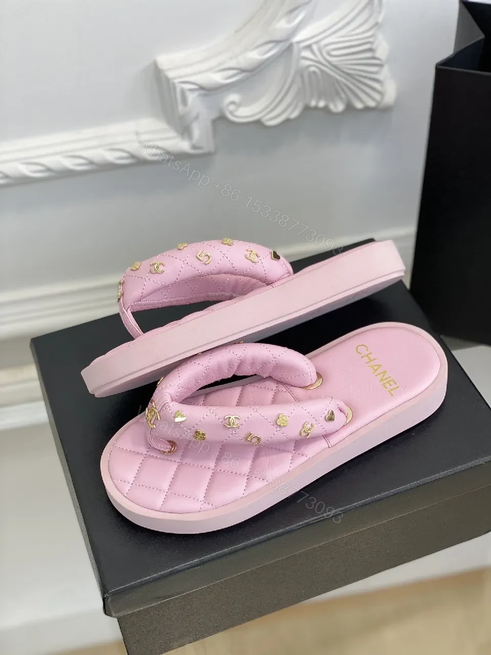 View 6 of Pink Quilted Sandals with Gold Hardware Slide