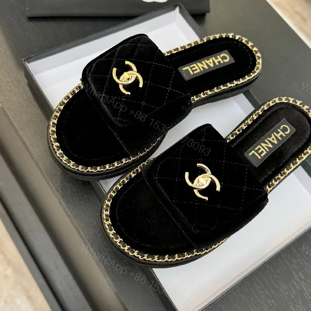 View 3 of Velvet Black Slide-Ons with Chain Trim, Luxe Casual Comfort