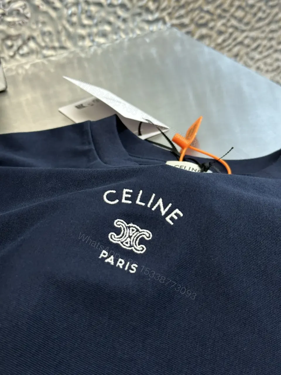 View 10 of Blue Cotton Oversized Tee with CELINE Logo