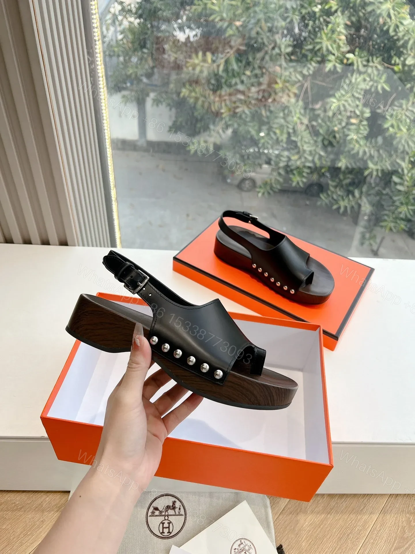 View 4 of Hermes Women Black Leather Slingback Sandals