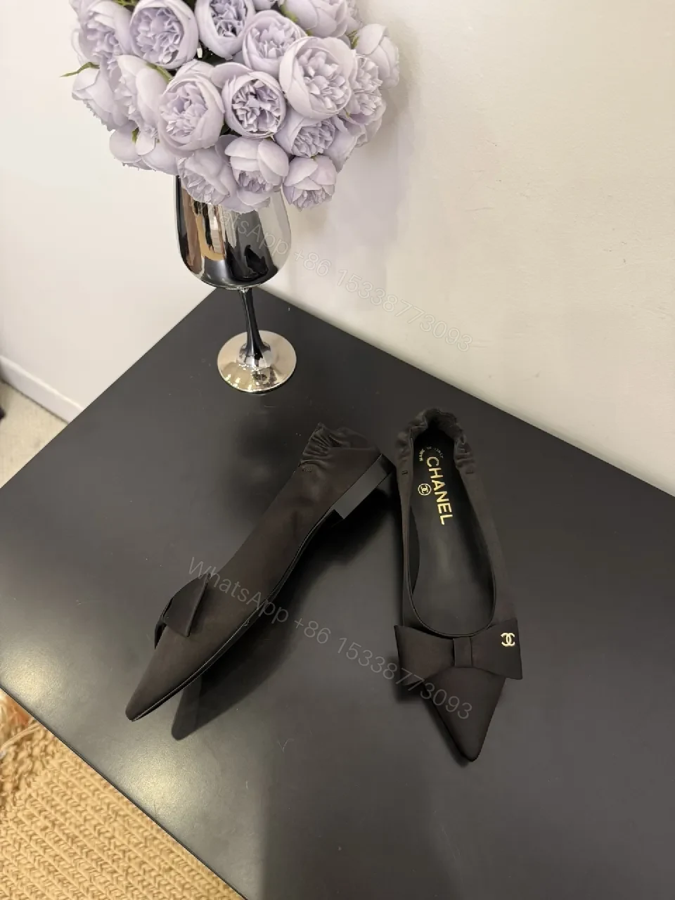 View 4 of Black Satin Pointed-Toe Mules with Bow Detail