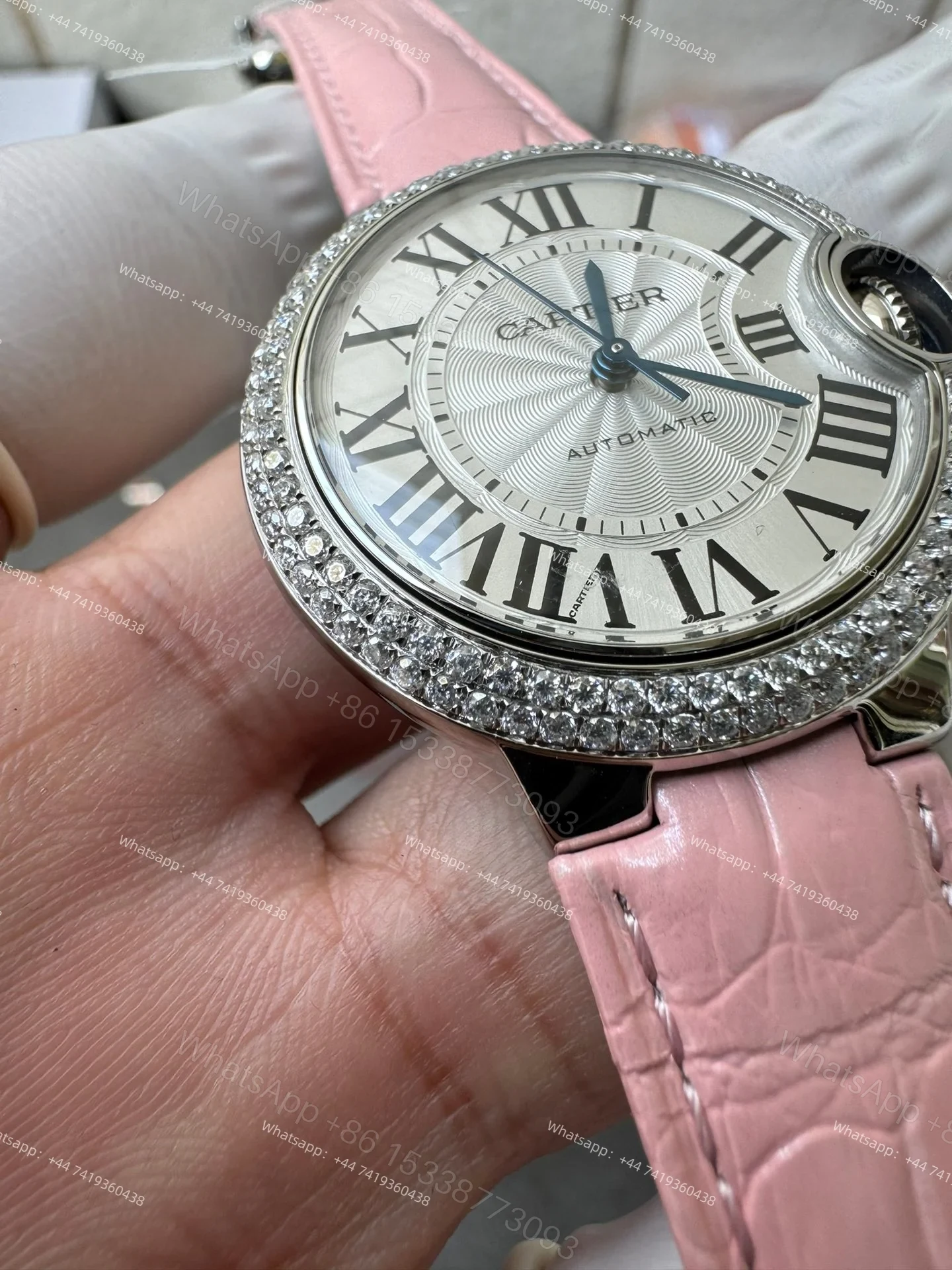 View 5 of Cartier Super Clone Ballon Bleu Diamond Bezel 33MM Pink Leather Strap