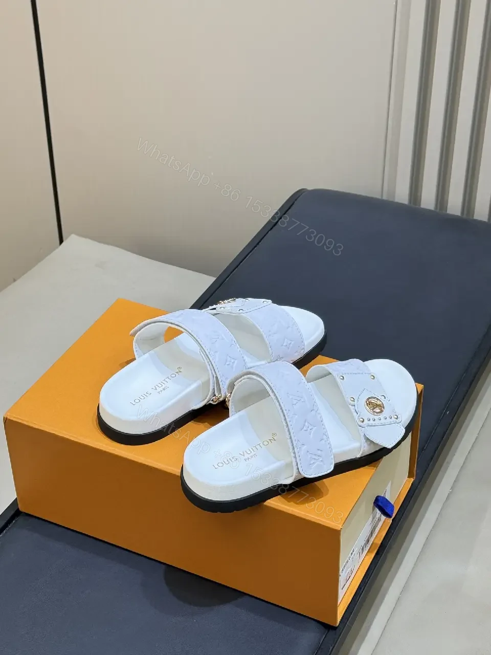 View 7 of White Leather Sandals Velcro Straps Minimalist Louis Vuitton Monogram Sandals