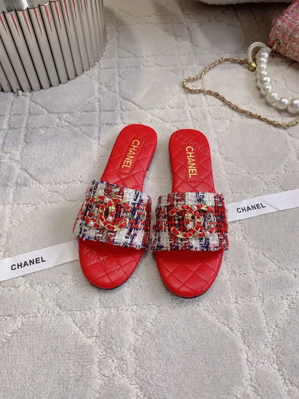 View 6 of Red Textured Slides with Logo Straps, Luxury Chic Slip-Ons