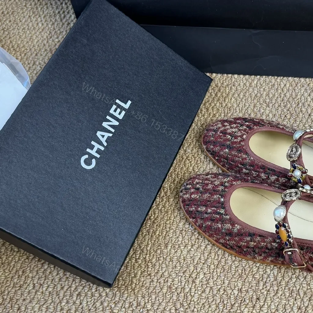 View 3 of Tweed Ballet Flats with Embellished Strap - Luxe Comfort Flats