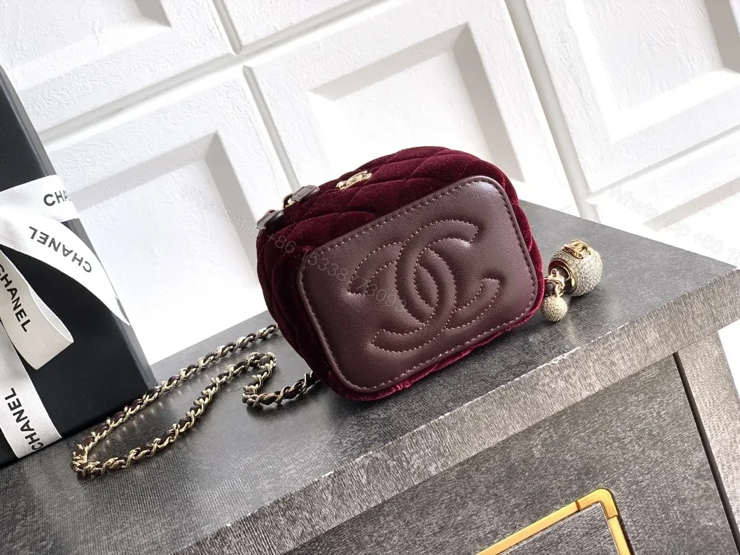 View 6 of Burgundy Velvet Chain Bag with Gold Accents, Compact Luxury