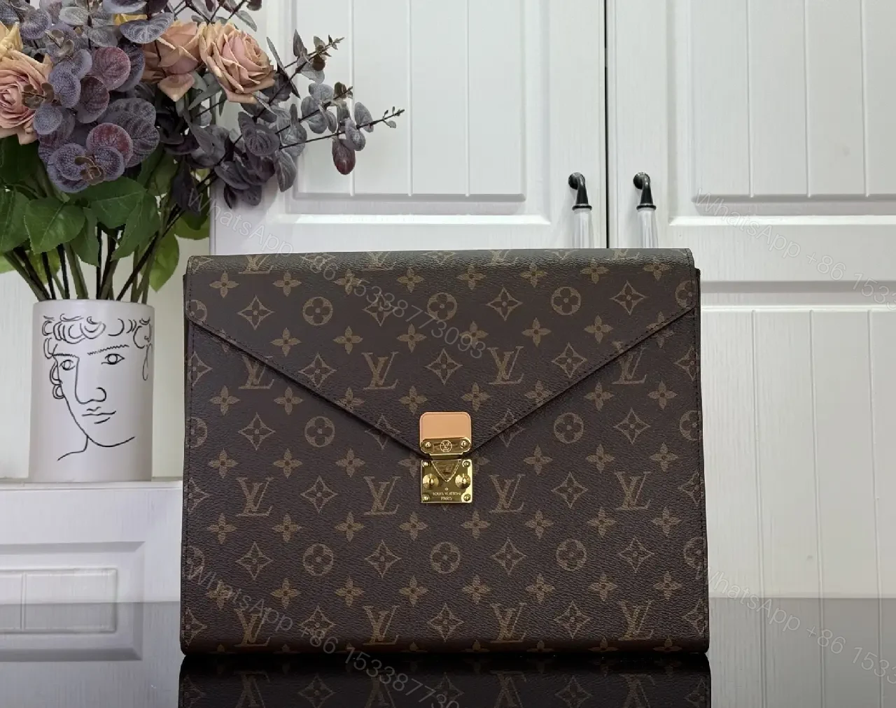 Brown Coated-Canvas Clutch: Monogram, Structured, Gold Hardware — view 1