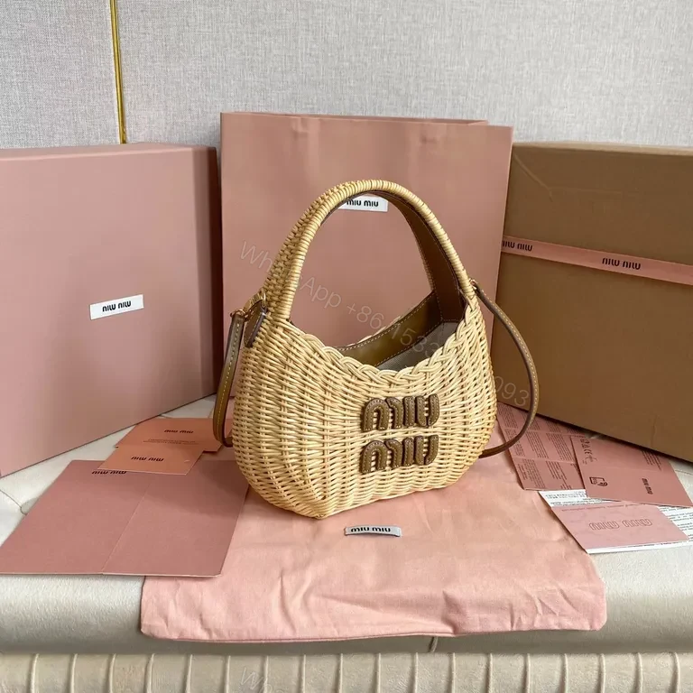View 9 of Natural Raffia Monogram Handbag â€“ Miu Miu Inspired, Compact Chic