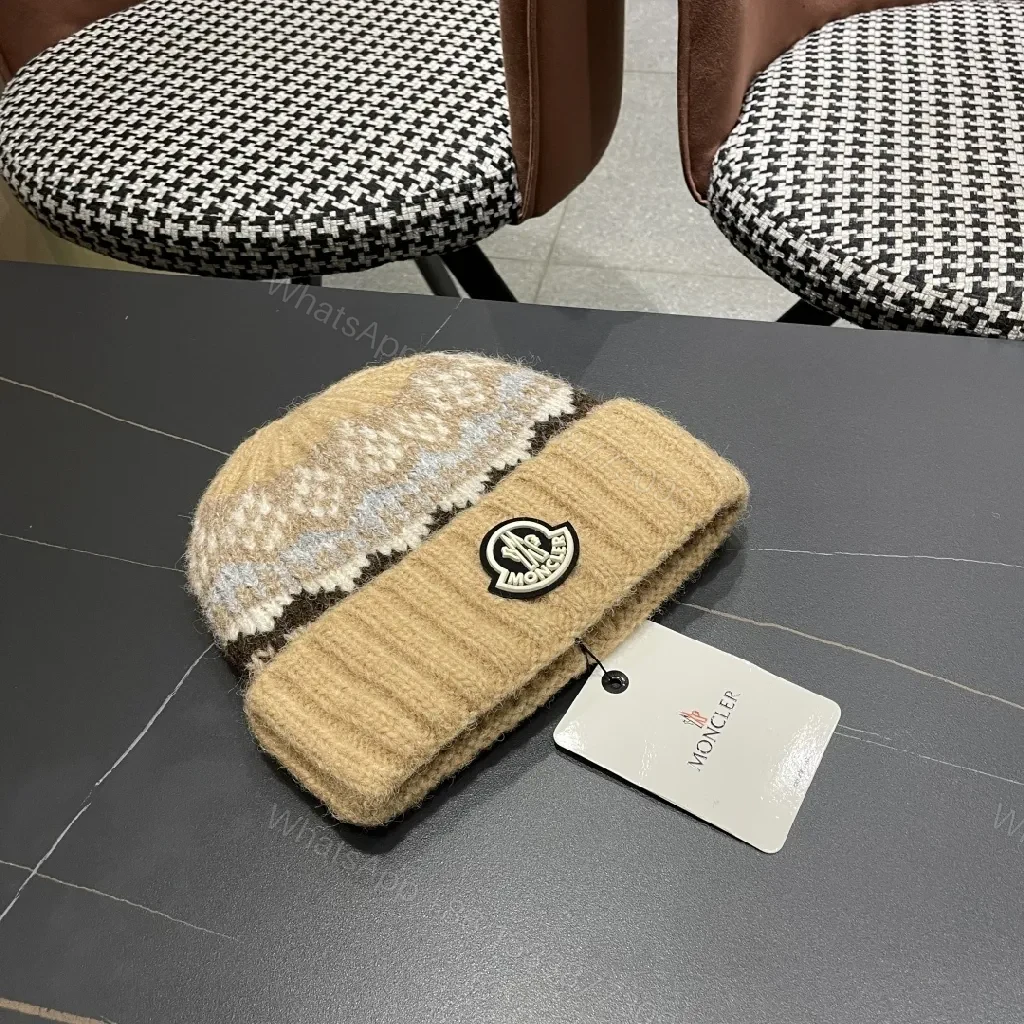 View 4 of Textured Knit Beanie: Luxury Moncler Badge Warmth Cap