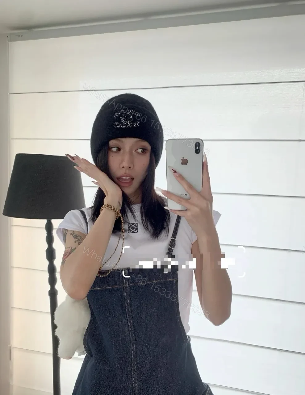 View 9 of Gray Knit Beanie, Plush Fleece, Couture-Inspired Emblem