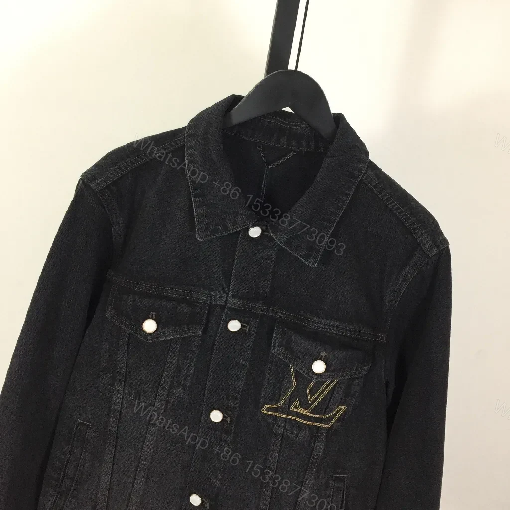 View 9 of Black Denim Jacket + Denim + Modern + Subtle LV Stitching + Jacket