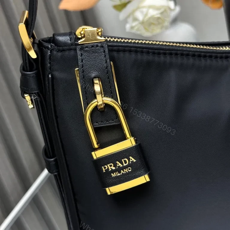 View 8 of Chic Black Nylon Prada-Influenced Shoulder Bag with Gold Hardware