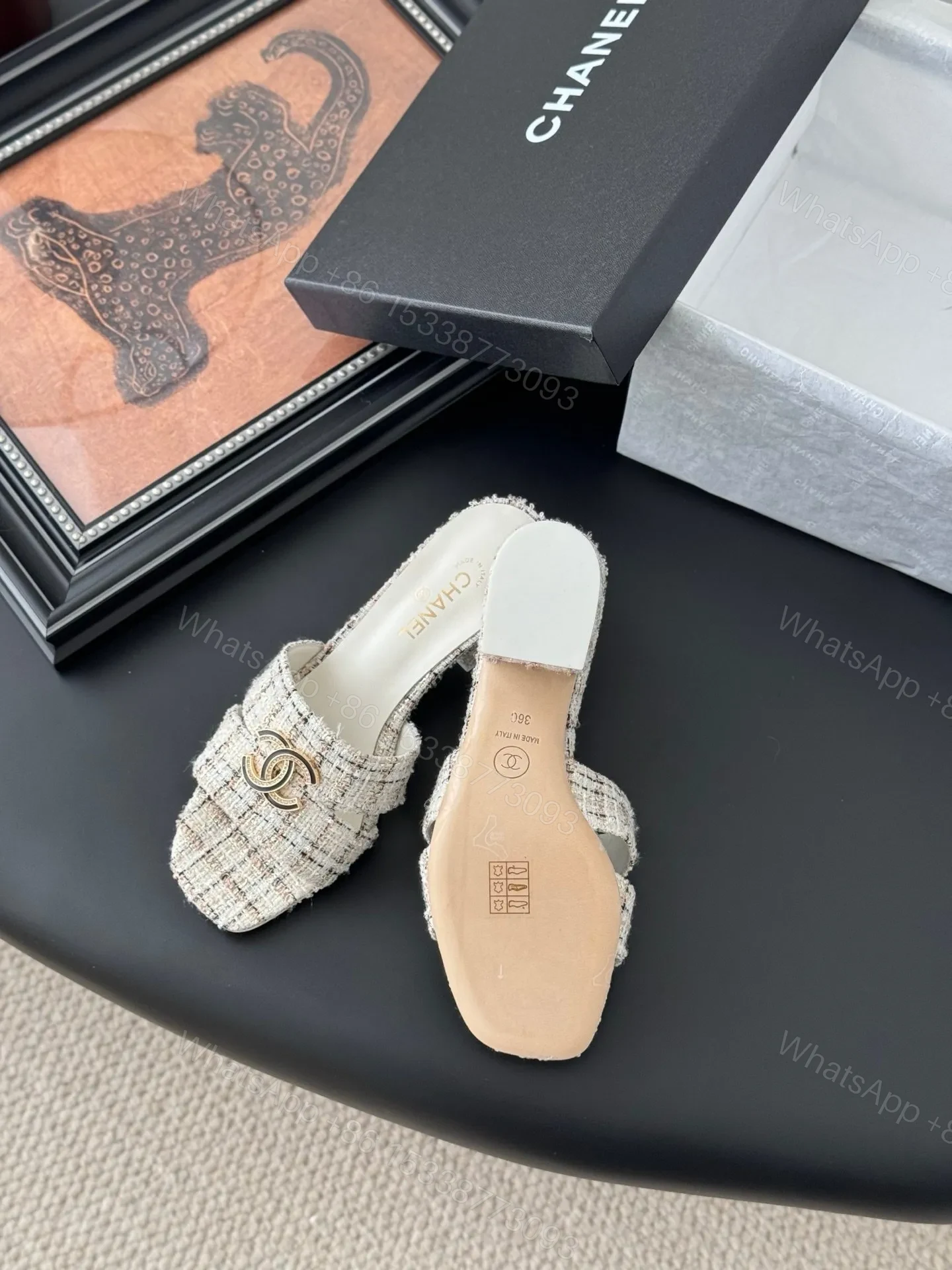 View 4 of Chanel Women Cream Tweed Slides