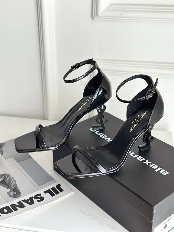 View 2 of Chic Black Patent Strappy Sandal by Saint Laurent - Elegant City Heel