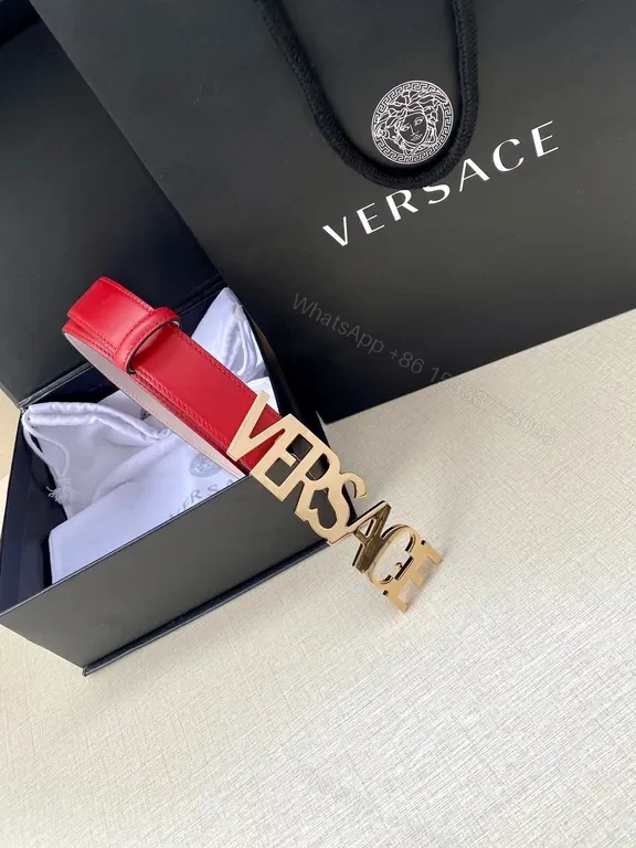 View 3 of Bold Red & Pink Versace Belt with Gold Logo Buckle