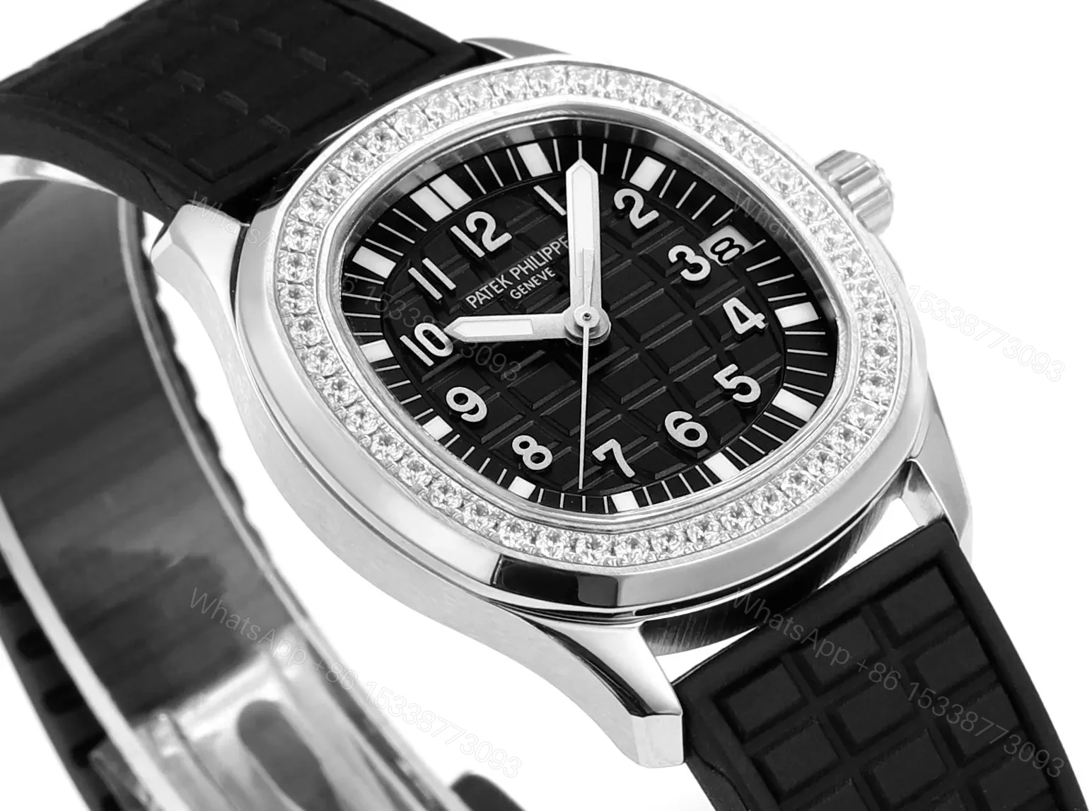 View 3 of Patek Philippe Aquanaut Series Mechanical Women’s Watch Black Dial with Diamond Bezel Stainless Steel Case and Black Rubber Strap