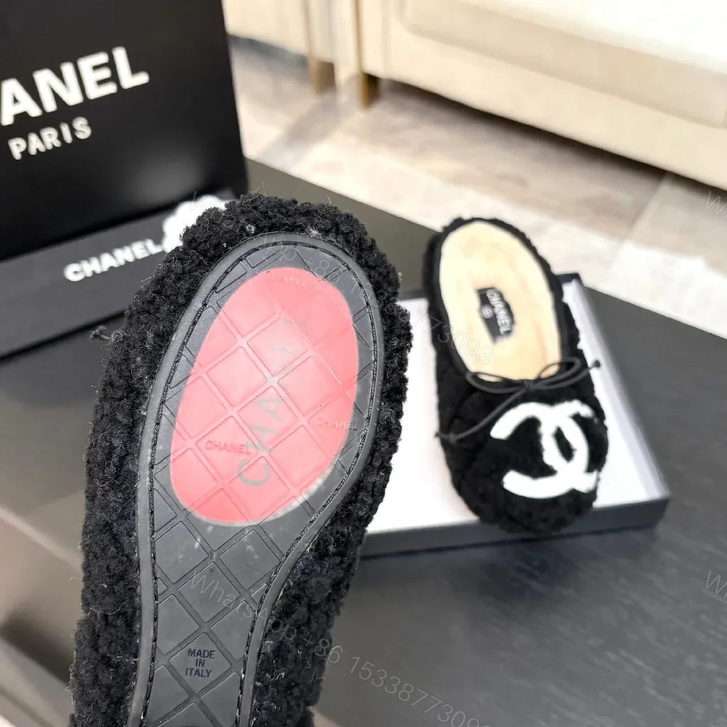 View 5 of Black Shearling Slippers with Logo Accent, Luxe Knit Sole