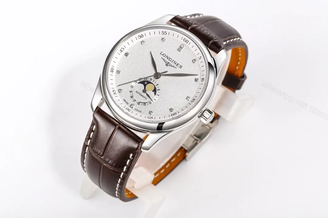 View 5 of Longines Master Collection Moon Phase 40mm Watch Silver Dial Blue Hands Brown Leather Strap