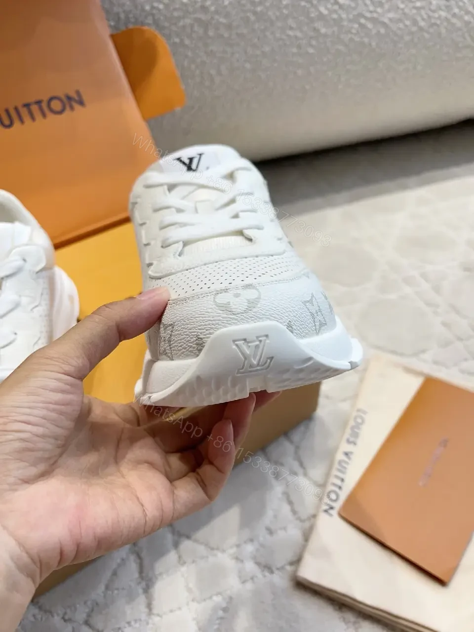 View 8 of White Leather Runner Sneakers Perforated Mesh Modern LV Logo Accent Shoes
