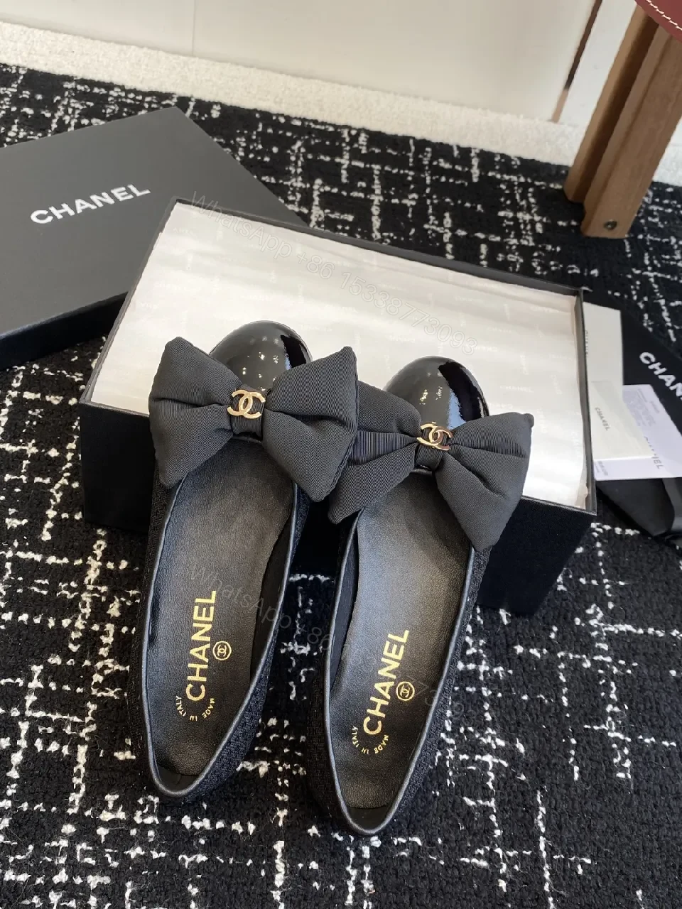 View 4 of Chic Black Patent Ballet Flats with Ribbon Bow Accent