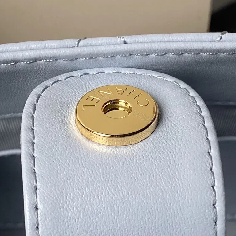 View 9 of Soft Denim-Blue Chanel-Style Quilt Mini Bag with Gold Chain