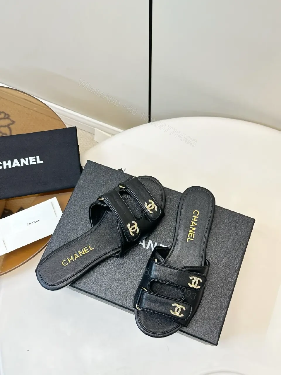 View 2 of Black Leather Slip-On Sandals with Gold Hardware - Sophisticated Everyday Glam