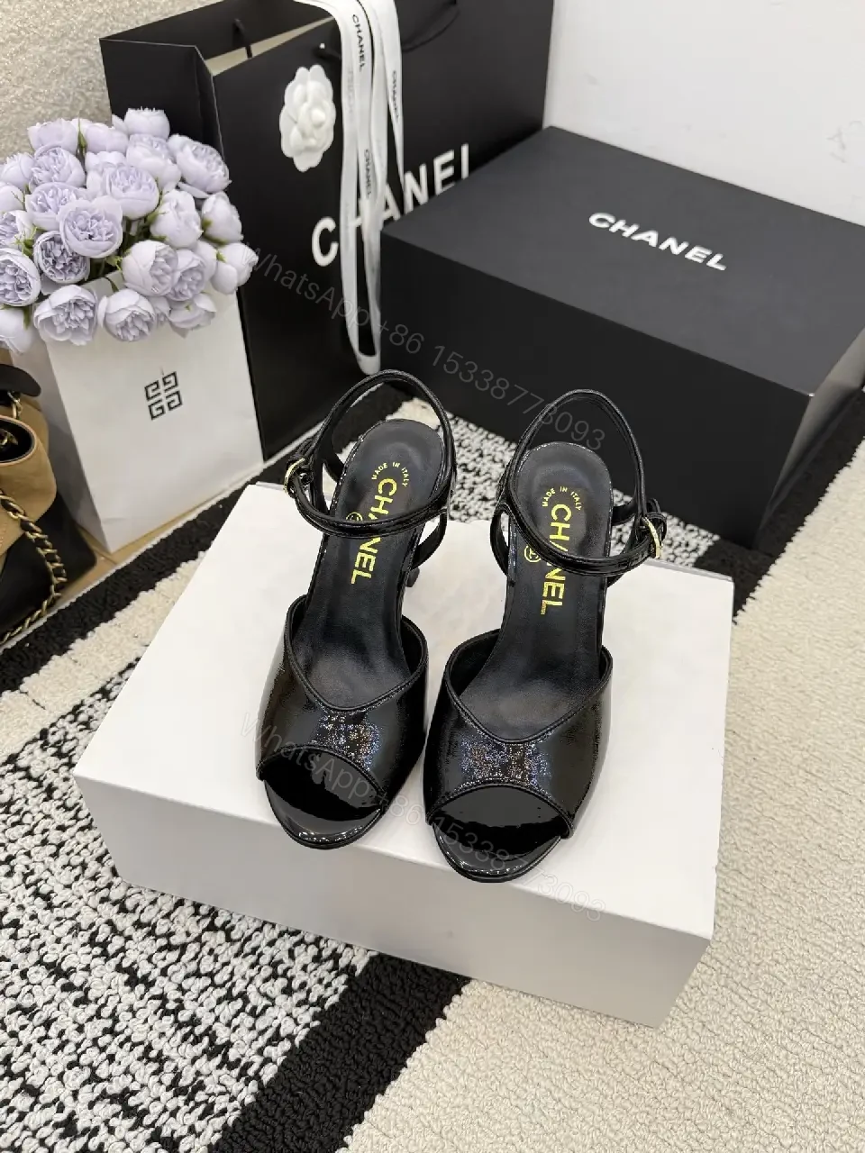 View 5 of Glitter-Accent Patent High-Heel Sandals - Strappy, Open-Toe, Ankle-Glitz