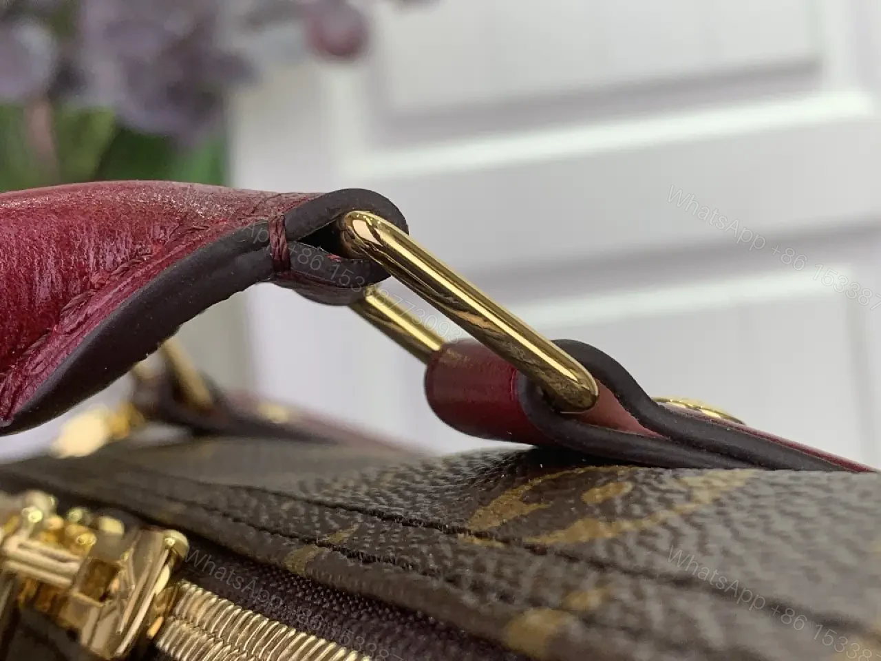 View 11 of Brown Canvas LV Monogram Travel Handbag with Burgundy Leather Trim