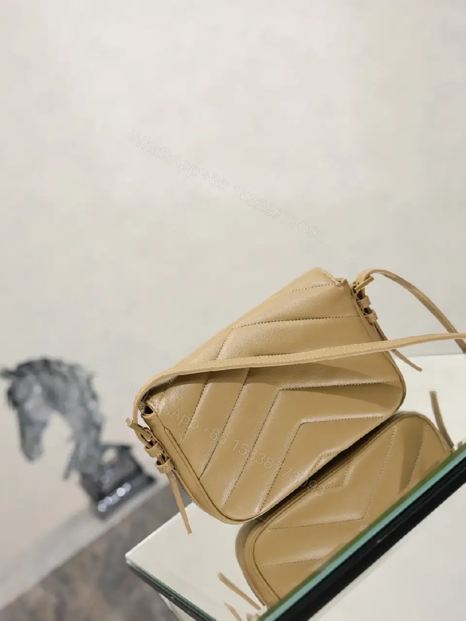 View 2 of Beige Leather Crossbody Bag Flap Chevron Stitching