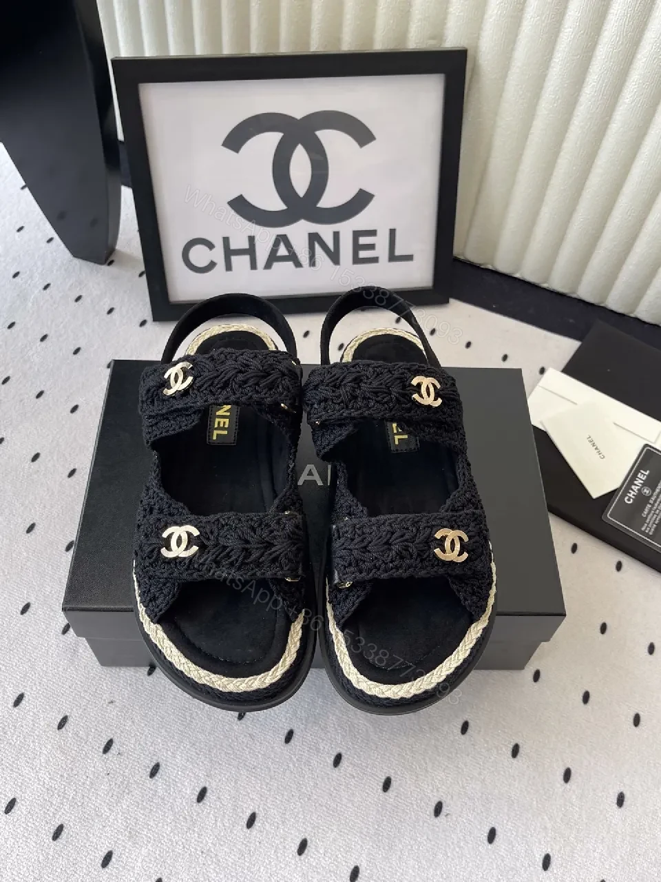 Crochet-Texture Sandals in Black with Gold Hardware — view 1