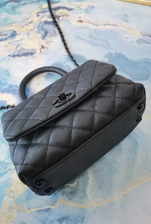 View 9 of Chic Quilted Black Leather Handbag with CC Hardware