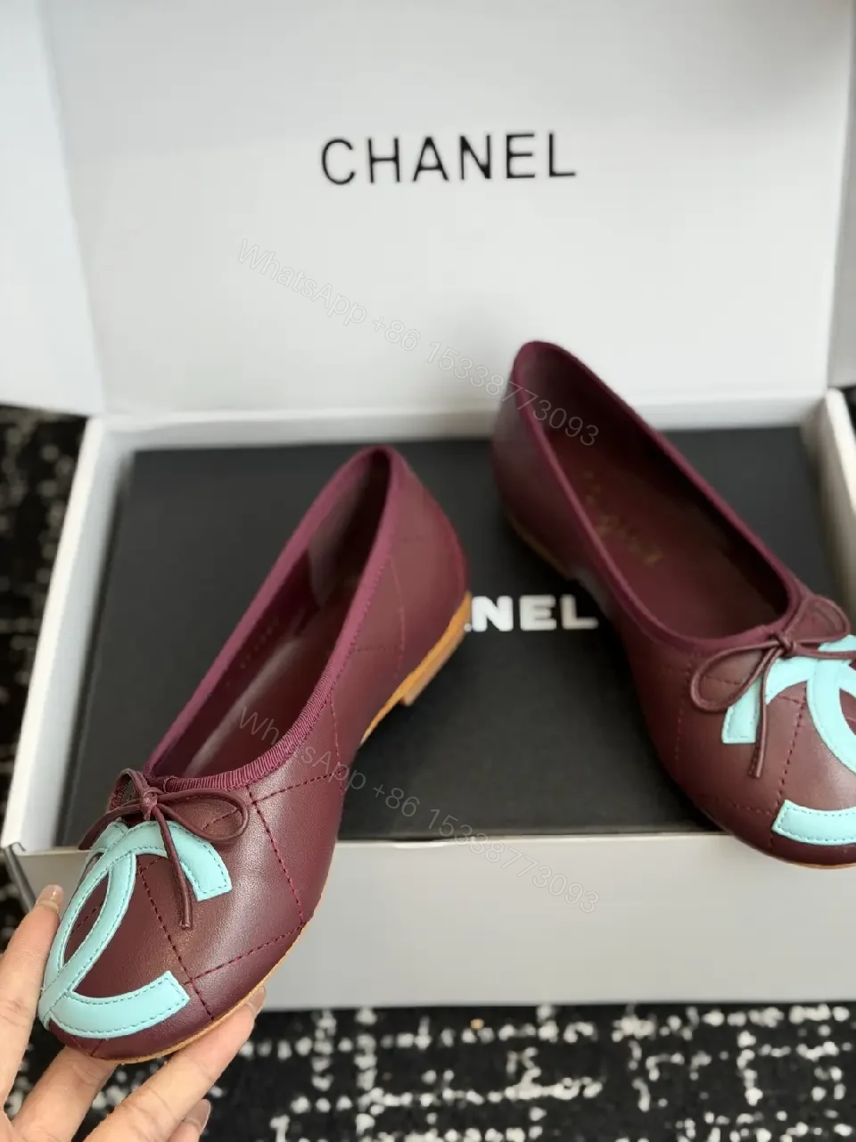 View 10 of Burgundy Leather Ballet Flats with Aqua Chanel Logo Details