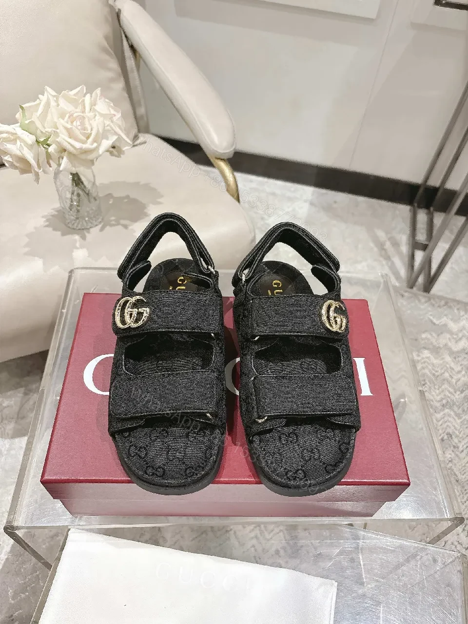 View 9 of Black Textile Sandals with Gold Hardware, Contempo Comfort