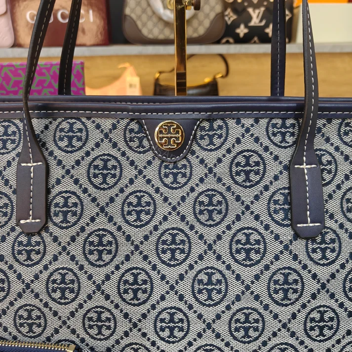 View 3 of First Copy Tory Burch T Monogram Large Zip Tote Bag Navy Blue