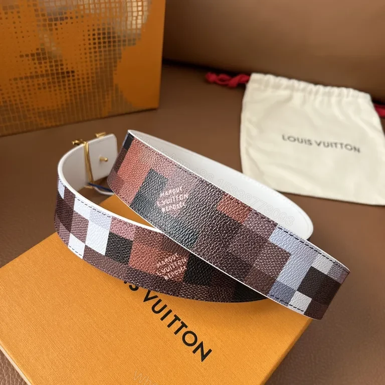 View 2 of Statement Pattern Leather Belt with LV Buckle - Luxury Brown/Black Belt
