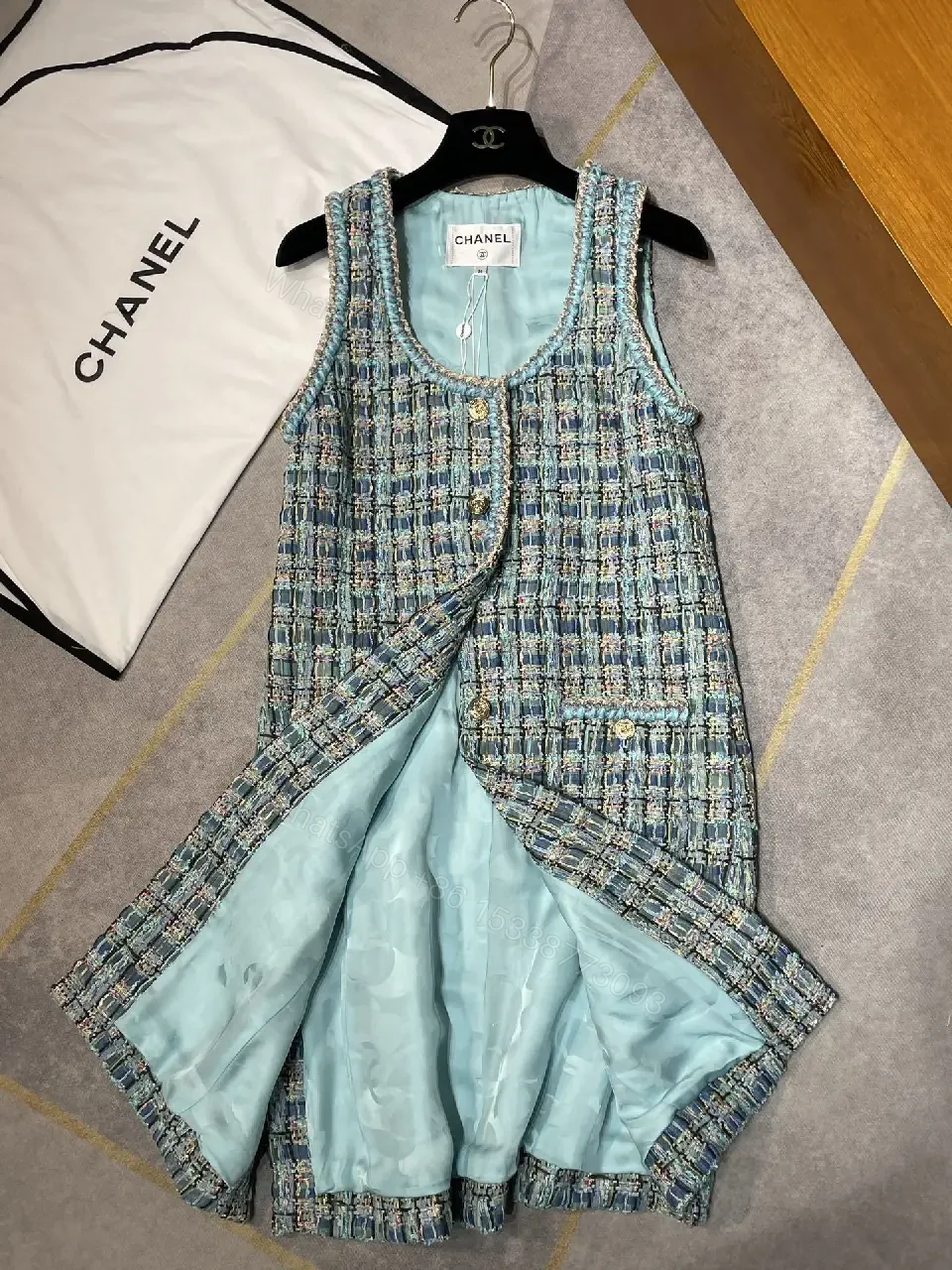 View 7 of Tweed Sleeveless Dress: Textured Button Front, Chic A-Line