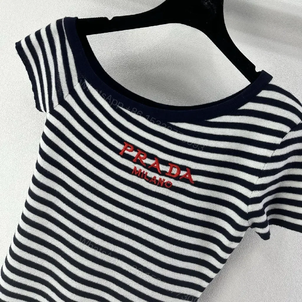 View 3 of Navy Stripe Cropped Tee with Embroidered Prada Milano Text
