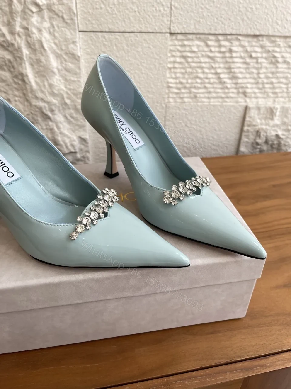 View 4 of Mint Satin Crystal-Embellished Pointed Pumps