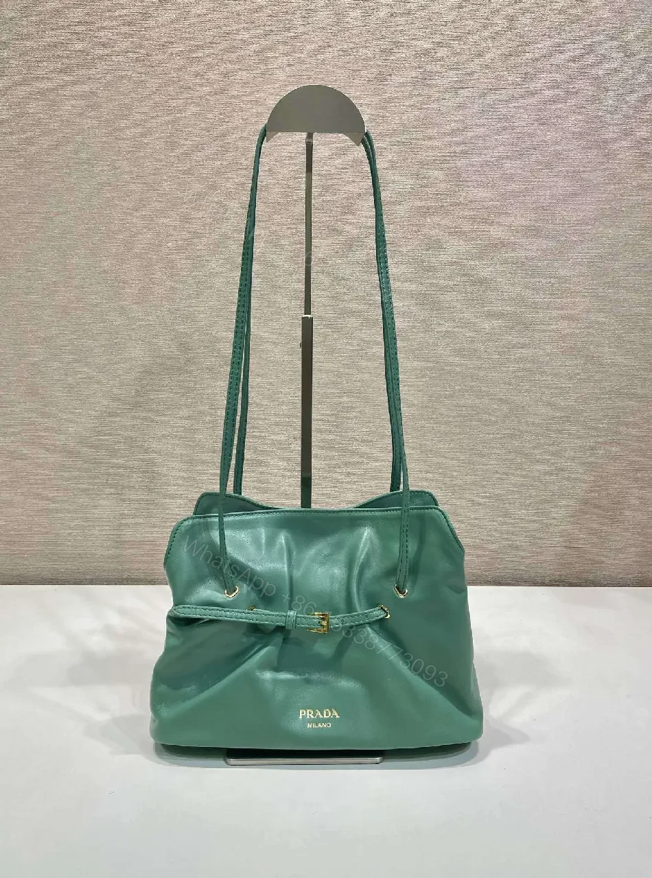 Green Leather Drawstring Shoulder Bag - Minimalist Luxe — view 1