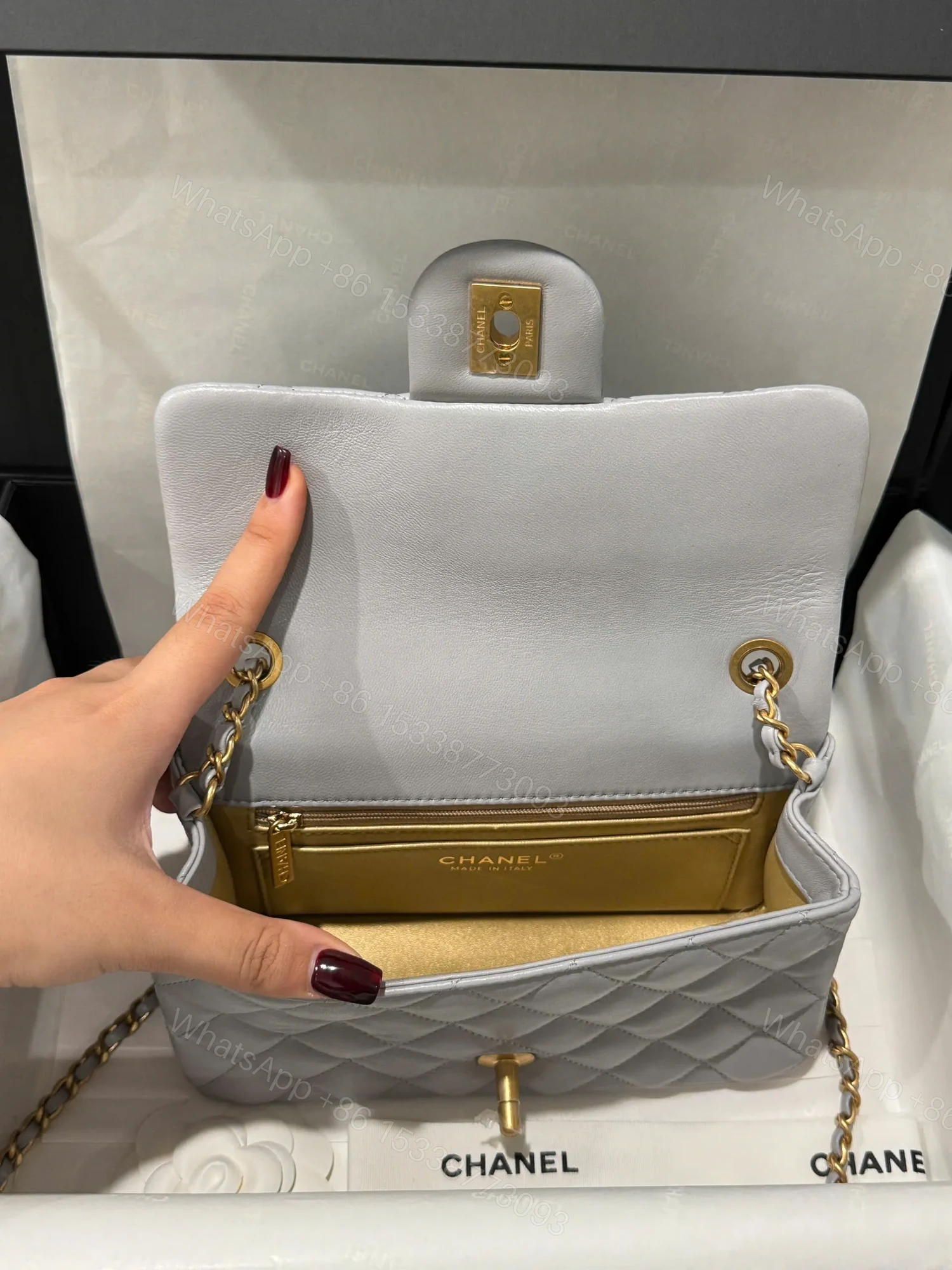 View 6 of Chanel Classic Woman’s Smooth Leather Grey Like Auth Handbags 20cm