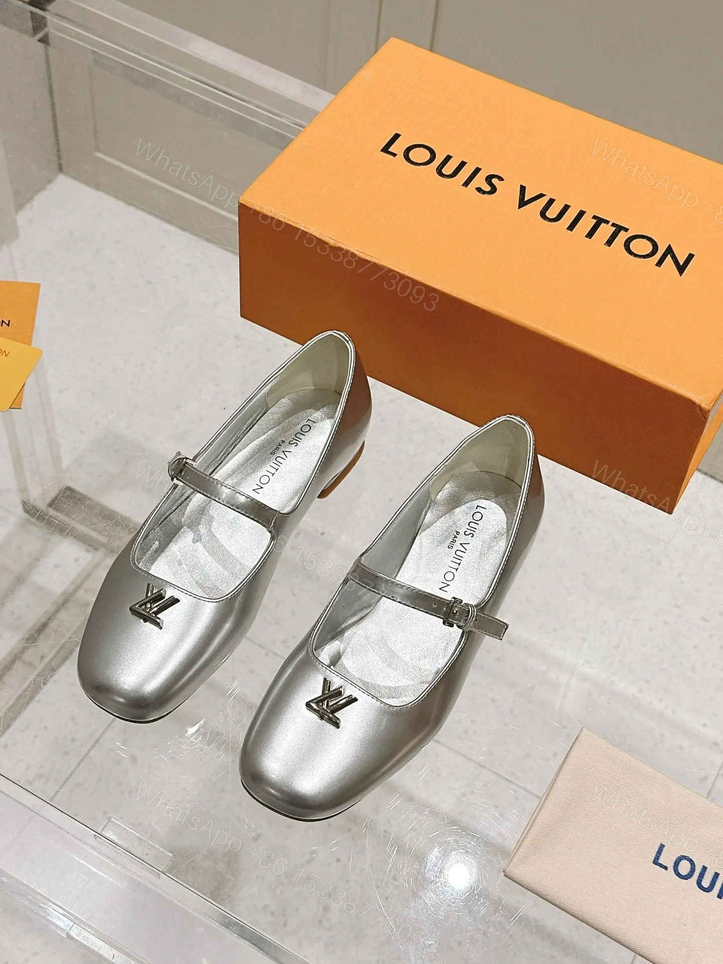LV Women Silver Leather Mary Jane Flats — view 1