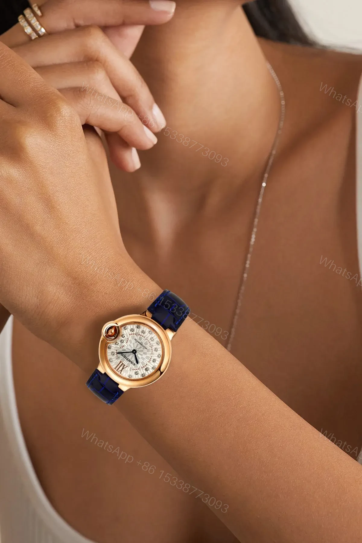 View 9 of BV Factory Cartier Ballon Bleu WJBB0080 Rose Gold Watch with Blue Leather Strap