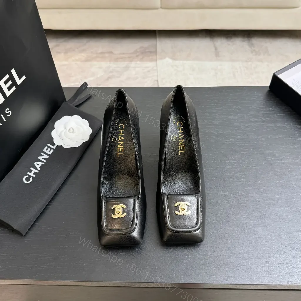 View 2 of Black Leather Heels with Iconic Hardware Emblem, Square-Toe, Block Heel