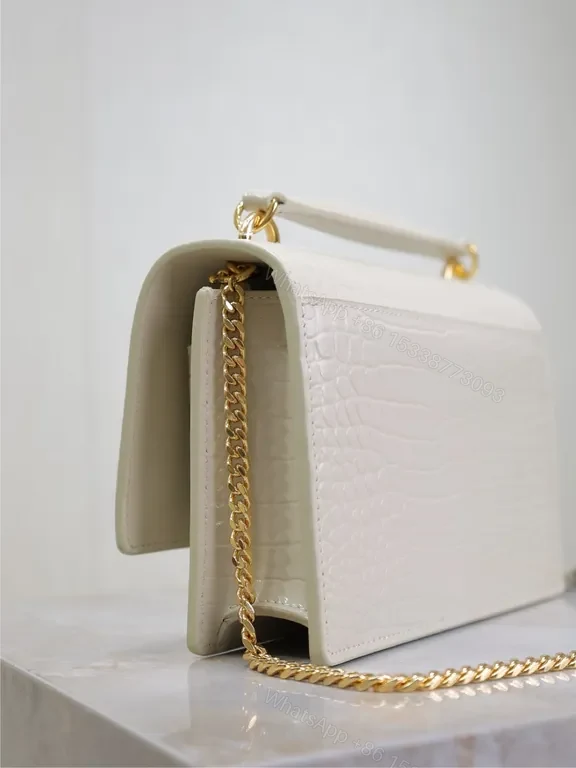 View 6 of Croc-Embossed Mini Bag with Gold YSL Logo, White