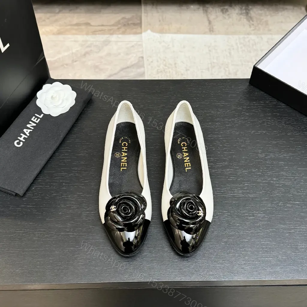 View 3 of Chic White & Black Ballet Flats with Rose Embellishment